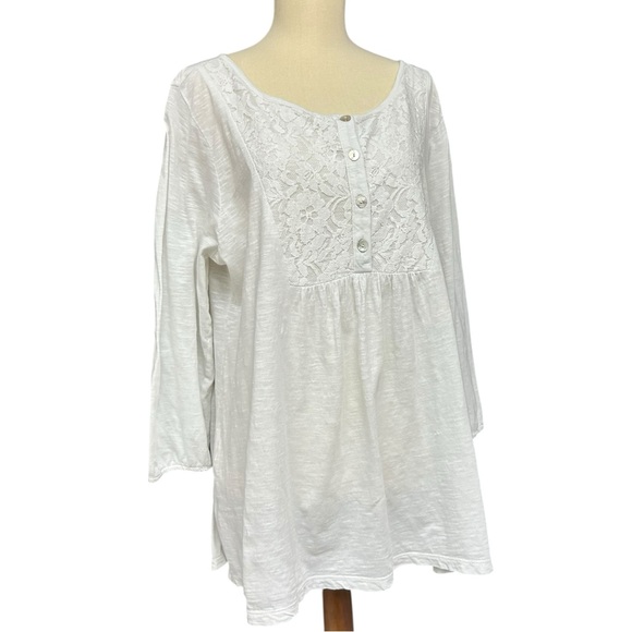 LOGO Lori Goldstein White Lace Trim Tunic Top Women’s Large Boho Cotton Long Sle - Picture 3 of 10